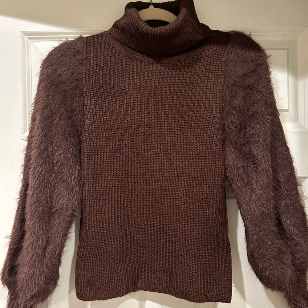 Net.153 Chocolate brown turtleneck sweater with fuzzy sleeves. Medium
